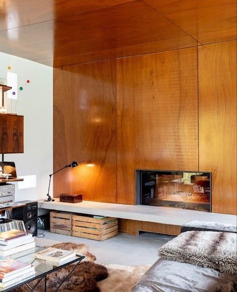 Plywood Fireplace, Fireplace Divider, Mid Modern House, Upstate House, Photo Animation, 360 Photo, Plywood Interior, 70s Home, Clean Space