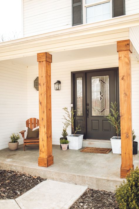 DIY Porch Columns Stain Color - Full Hearted Home Stained Wood Porch Columns, Stained Porch Columns, Diy Porch Columns, Columns On Front Porch, Cedar Porch Posts, Wood Porch Columns, Front Porch Pillars, Front Porch Posts, Porch Pillars