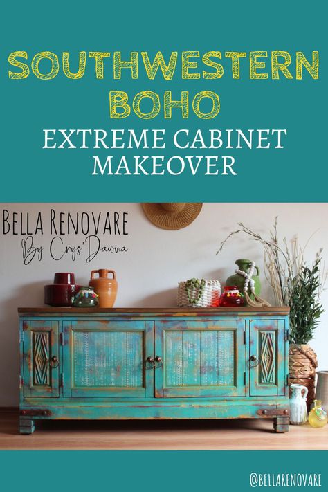 Diy Boho Buffet Cabinet, Boho Furniture Makeover, Boho Southwest Decor, Diy Buffet Table, House Mexico, Repainted Furniture, Southwestern Furniture, Southwest Furniture, Modern Southwestern