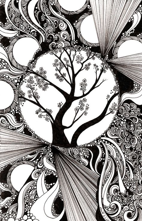 "59: Black and white Abstract with Trees" by djsmith70 Modele Zentangle, Night Trees, Zantangle Art, Arte Doodle, Graffiti Alphabet, Sharpie Art, Tangle Art, Zentangle Drawings, Doodles Zentangles