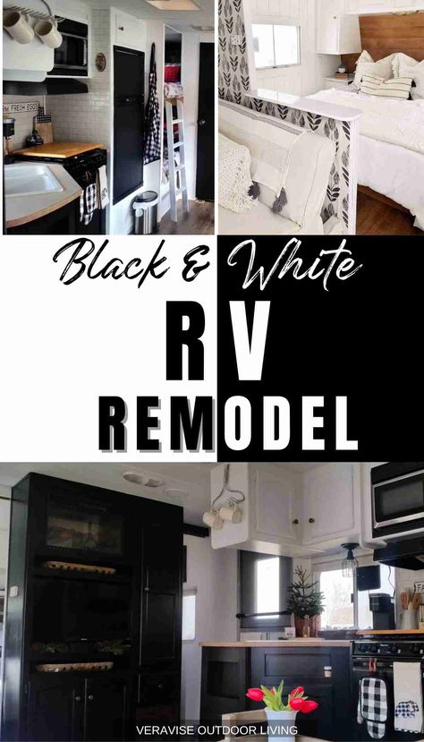 Camper Black Cabinets, Rv Decorating Ideas Black And White, Black Rv Bedroom, Black And Gray Rv Interior, Black And White Camper Decor, Black And White Rv Decor, Black And White Rv Bathroom, Black And White Rv Remodel, Black And White Camper Remodel