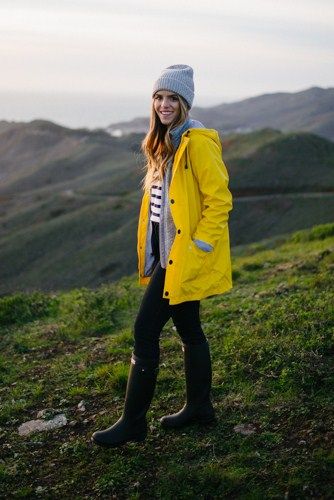 2.16 marin headlands (Petit Bateau yellow raincoat + Patagonia 'better sweater' fleece jacket in marl grey + J Crew striped sweater in cream & navy + J Crew 'toothpick' jean in classic rinse + Hunter boots + APC beanie) Yellow Rain Coat, Winter Camping Outfits, Rainy Day Outfit Winter, Yellow Rain Jacket, Marin Headlands, Rain Outfit, Patagonia Fleece Jacket, Raincoat Outfit, Hiking Outfit Women