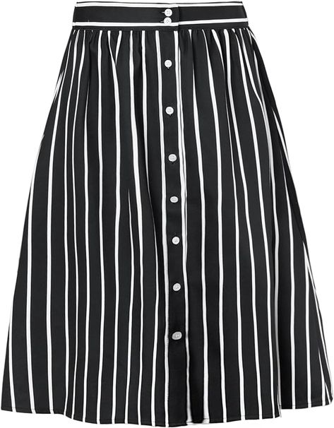 Allegra K Women's Striped Button Front Elastic Back Waist A-Line Midi Skirt Medium White Black at Amazon Women’s Clothing store Midi Skirt Black, Skirt Medium, Work Skirts, Rockabilly Fashion, Black Midi Skirt, Women's Skirts, Tall Women, 50s Fashion, Amazon Women