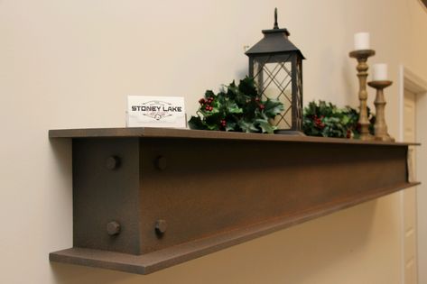 Faux Steel I-Beam Fireplace Mantle with Bolt Detail.  stoneylakedesignco@gmail.com Steel Beam Fireplace Mantel, Beam Fireplace, Stove Ideas, Shelving Ideas, Colonial Times, Urban Interiors, Small Bedrooms, Cape House, Open Fireplace