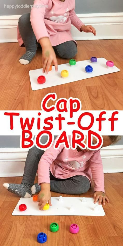 CAP TWIST-OFF BOARD USING THE CAPS AND SPOUTS OF FOOD POUCHES - Great fine motor skill activity Preschool Fine Motor, Quiet Activities, Fine Motor Skills Activities, Motor Skills Activities, Games For Toddlers, Skills Activities, Toddler Learning Activities, Baby Diy, Toddler Fun