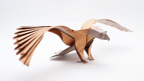 “Although I call it ‘simplified,’ it doesn’t mean it is simple: it is just simpler than the original version, but actually it is still a bit complex.” Origami Eagle, Origami Dolphin, Eagle Craft, Origami Diagrams, Origami Artist, Origami Models, Origami Dragon, Cute Origami, Instruções Origami