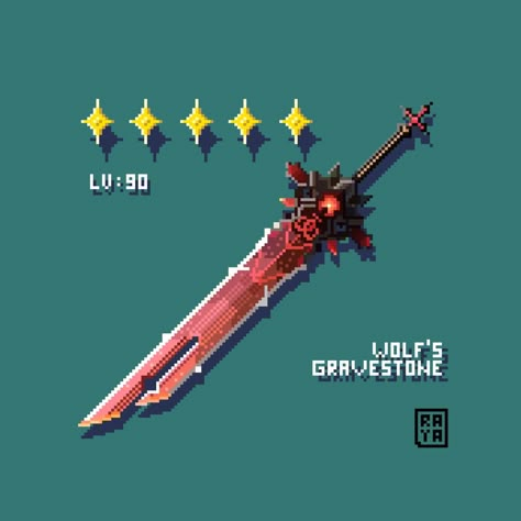 It's a red claymore. A big sword with dark aura. And a big red gemstone on tha hilt. Isometric Pixel Art Tutorials, Hand Pixel Art, Wolf's Gravestone, Hama Art, Anime Artist, 8 Bit Art, Fantasy World Map, Pixel Art Tutorial, Arte 8 Bits