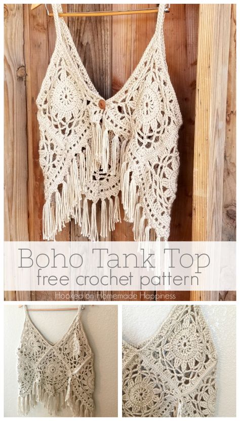 Crochet boho tank top. Crochet top. 10ply 169m/100g x 3. 4.5mm hook. Free download from hookedonhomemadehappiness.com. Saved to Evernote. Tank Top Crochet Pattern, Tank Top Crochet, Top Crochet Pattern, Boho Tank Top, Crochet Wearables, Stil Boho, Irish Crochet Dress, Haken Baby, Crochet Tank