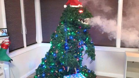 Godzilla Christmas, Paper Claws, Dinosaur Christmas Tree, Elegant Christmas Tree Decorations, Fog Machine, Elegant Christmas Trees, Black Christmas Trees, Xmas Lights, Tree Trimming