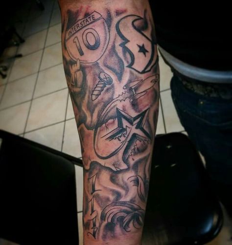 Texas collage tattoo idea Houston Tx Tattoos Ideas, Texas Arm Sleeve Tattoo, Screwston Texas Tattoos, Houston Tattoos Sleeve, Texas Made Tattoo, Dallas Tattoo Ideas, 713 Tattoo, Texas Tattoo For Men, Texas Themed Tattoos