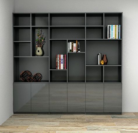 Modern Bookshelf Design Office, Modern Office Bookshelf, Creative Bookshelves Modern, Modern Built In Bookshelves, Bookcase Design Ideas, Living Room Built In Cabinets, Modern Bookshelf Design, Corridor Ideas, Office Bookshelves