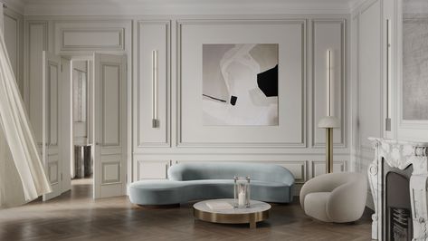 Modern classic :: Behance French Panelling Walls Living Room, Neo Classic Living Room, Neo Classical Bedroom, English Style Interior Design, Classic Style Interior Design, English Style Interior, Neo Classical Interiors, Classic Modern Interior, Classical Bedroom