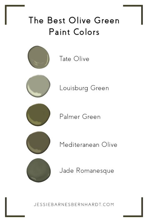 The Best Olive Green Paint Colors | Jessie Bernhardt — Jessie Barnes Bernhardt Green Inspired Bedroom, Best Olive Green Paint Color, Green Painted Houses, Green Color Palette Living Room, Olive Green Paint Colors, Simple Bathroom Decor Ideas, Olive Green Bathrooms, Olive Green Paint, Green Nursery Boy