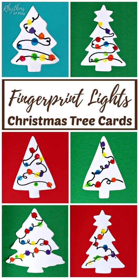 Fingerprint Christmas Lights Cards Craft - Make beautiful handmade cards to send to family and friends for the holidays this year. Homemade Christmas tree cards with lights are an easy fingerprint art Christmas craft and gift idea kids can make for parents and grandparents. #ChristmasCraft #ChristmasCards #FingerprintArt Year 1 Christmas Cards, Parent Christmas Cards From Kids, Christmas Card From Toddler, Christmas Lights Art Project For Kids, Christmas Card For Kids To Make, Kids Christmas Cards Handmade, Christmas Cards Kids Can Make, Fingerprint Christmas Lights, Christmas Cards Handmade Kids