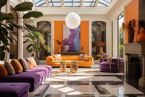 What Colors Do Purple and Orange Make? - Shades of Brown Purple And Orange Interior, Purple Orange Living Room, Orange And Purple Aesthetic, Purple Orange Aesthetic, Purple Interior Design, Funky Bedroom, Orange Couch, Colour Themes, Vibrant Living Room