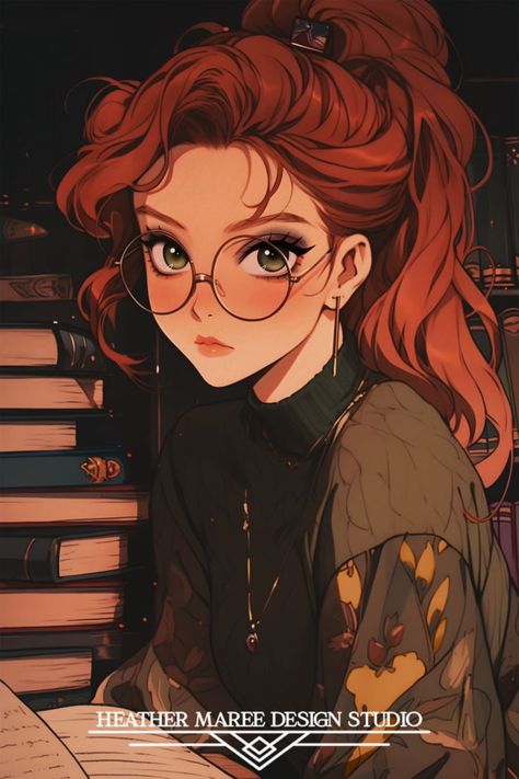 Explore the captivating world of character art with this digital illustration. A pretty girl with auburn hair sits at a desk, surrounded by books, creating a moody aesthetic. The round-frame glasses add an intriguing touch to her character design. Perfect for anime PFP enthusiasts, this illustration beautifully captures the essence of dark academia #MoodyAesthetic #DarkAcademia #LockScreenWallpaper #WallpaperBackgrounds Female Character Design Anime, Wallpaper Backgrounds Lockscreen, Character Inspiration Female, Art Character Inspiration, Red Hair And Glasses, Surrounded By Books, Character Design Anime, Academia Aesthetic Wallpaper, Dark Academia Aesthetic Wallpaper