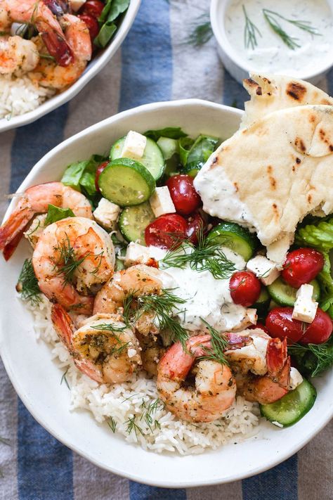 Grilled Greek Shrimp Bowls Greek Style Shrimp, Shrimp Tzatziki Bowl, Greek Shrimp Bowl, Grilled Shrimp Bowl, Shrimp Tzatziki, Greek Shrimp Recipes, Shrimp Bowl Healthy, Mediterranean Shrimp Bowl, Taziki Recipe