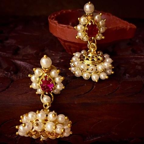 ADORABLE MOTI JHUMKI Moti Earrings Gold, Pearl Jhumkas Gold Indian Jewelry, Pearl Jhumkas Gold, Maharashtrian Look, Pearl Jhumkas, Gold Earrings Indian, Gold Jhumka Earrings, Gold Jewelry Outfits, Gold Earrings Models