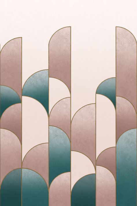 Elegant arched shapes inspired by the glamour of the Art Deco era. Shown here in the pink and teal colourway with opulent gold metallic details. Please note this mural is supplied as 4 lengths, each 50cm in width. Once installed the mural will cover 6 square metres. Samples are unavailable for this design. Art Deco Arches, Minimalist Art Deco, Art Deco Arch, Art Deco Ideas, Art Deco Color, Art Deco Hotel, Miami Art Deco, Art Deco Tiles, Pink Art Deco