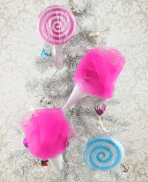 cotton candy DIY Candy Ornaments Diy, Cotton Candy Room, Candy Room Decor, Cotton Candy Ornaments, Diy Cotton Candy, Paper Mache Cone, Christmas Parade Floats, Candy Room, Candy Decorations Diy