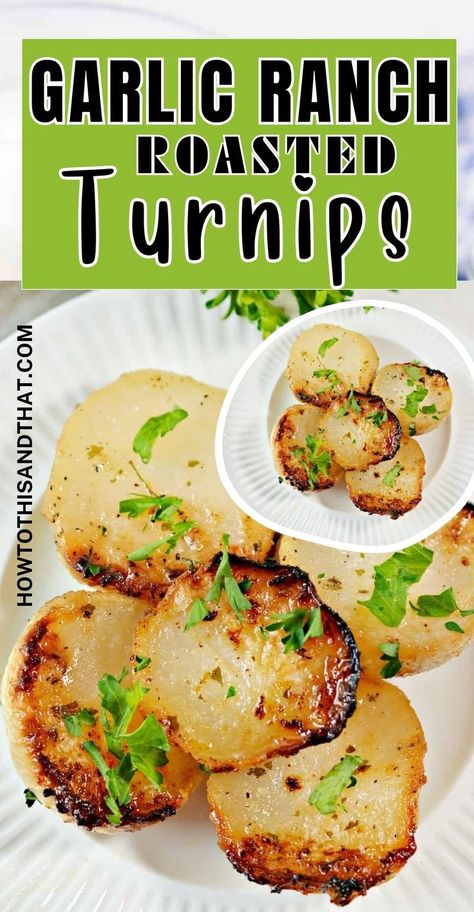 Perfectly seasoned with a blend of garlic and ranch, these turnips are roasted to crispy perfection. Whether you're looking for a healthy alternative to potatoes or just something new to try, this recipe is sure to be a hit at your next meal. #GarlicRanchTurnips #RoastedTurnips #HealthyEating #VegetableRecipes #SideDish #EasyRecipes #HealthyAlternative #LowCarb #GlutenFree #DinnerIdeas #Yummy Easy Turnip Recipes, Recipe For Turnips, Turnip And Parsnip Recipes, Meals With Turnips, Roasted Turnips Root Vegetables, Roasted Turnip Recipes, How To Cook Turnips Recipes Easy, Healthy Turnip Recipes, Turnip Recipes Soup