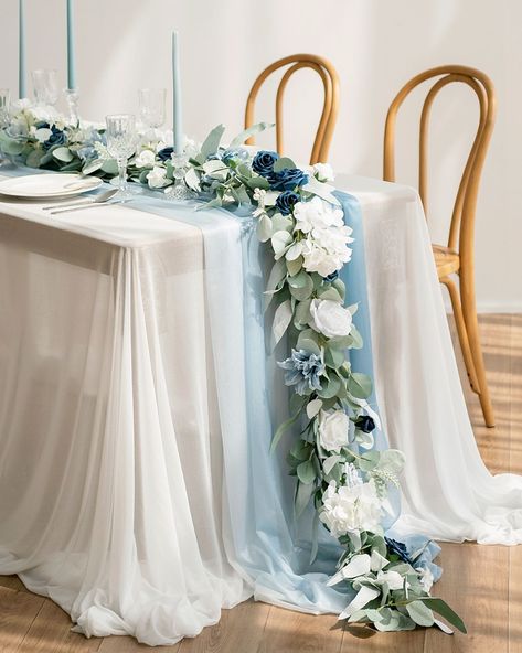 Dusty Blue And Emerald Wedding, Boho Blue Wedding Decor, Blue And Green Wedding Decorations, Dusty Blue Flower Centerpieces, Wedding Table Decorations Dusty Blue, Navy And Eucalyptus Wedding Decor, Navy And Dusty Blue Wedding Decor, Blue And Green Wedding Centerpieces, Shades Of Blue Wedding Decor