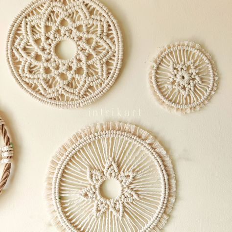 Design 5 is here you guys! Mandala cluster macrame wallhanging. A design so versatile , you can hang them together, singles, set of three or just the tree of life. Bring in the bohemian vibes to your space with these pretty decor pieces. DM @intrikart to order and make your space a little prettier. #macrame #macramewalldecor #homedeco #handmade #wallhangingmacrame #macrameindia #boho #bohemianhome #indianhomedecor #beachbaby #beachvibes #aesthetics #interiordesign #interior4all #smallbus... Circular Macrame, Wall Macrame, Macrame Mandala, Macrame Wall Decor, Bohemian Vibes, Making Stuff, Master Bed, Pretty Decor, The Tree Of Life