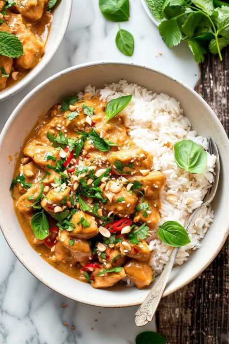 A quick and easy 30-minute chicken recipe, this peanut butter chicken with coconut sauce is a great budget-friendly dinner recipe. Creamy peanut coconut sauce with a little bit of spice, all tossed with bell peppers and crispy tender chicken. Serve over rice or noodles. Similar to a peanut satay sauce this recipe freezes well making it perfect for meal prep, too. Peanut Satay Chicken Noodles, Chicken Satay Dinner, Healthy Satay Chicken, Spicy Thai Peanut Chicken, Peanut Sauce Meals, Crockpot Thai Peanut Chicken, Mild Butter Chicken Recipe, Spicy Peanut Butter Chicken, Chicken With Peanut Butter Sauce