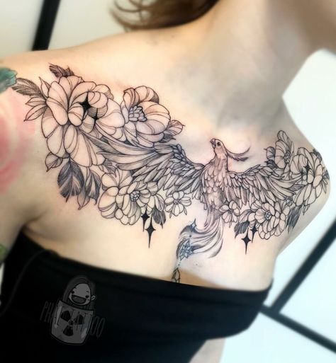 12+ Amazing PHOENIX TATTOO DESIGNS & Their MEANINGs - updated 2023 14 Japanese Chest Tattoo Female, Phoenix Collar Bone Tattoo, Phoenix Tattoo Chest Woman, Back Phoenix Tattoo Women, Pheonix Tattoo For Women On Chest, Orchid Chest Tattoo, Fire Chest Tattoo, Phoenix Sternum Tattoo Women, Phoenix Chest Tattoo Female