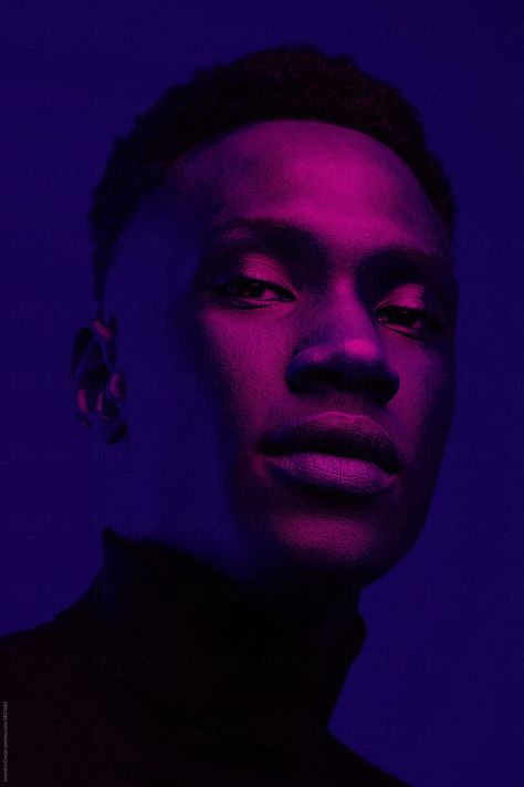 African American man portrait under blue and purple lights - Ultraviolet by Leandro Crespi for Stocksy United Vogue Portraits, Casino Photography, Colour Gel Photography, Led Photography, Low Key Portraits, Purple Lights, Neon Photography, African American Man, Man Portrait