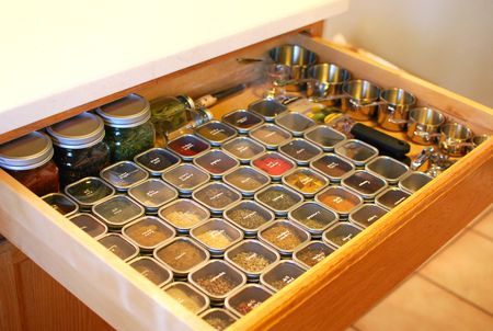 Spice drawer makeover - just wait till you see the Before! Modern Spice Rack Drawer, Spice Jar Drawer, Spice Tray Drawer, Kitchen Remodel Spice Drawer, Indian Spice Organization, Organized Spices, Indian Spice Drawer, Drawer Makeover, Drawer Spice Rack