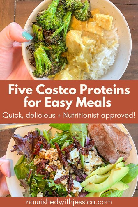 Five Costco Proteins for Easy Meals  - Nourished with Jessica Costco Food Prep, Healthy Convenience Meals, Costco Clean Eating Shopping Lists, Meals For Macro Counting, Quick Costco Dinners, Easy Macro Friendly Meals, Costco Budget Meal Plan, Nutrient Dense Lunch Ideas, Costco Meal Planning