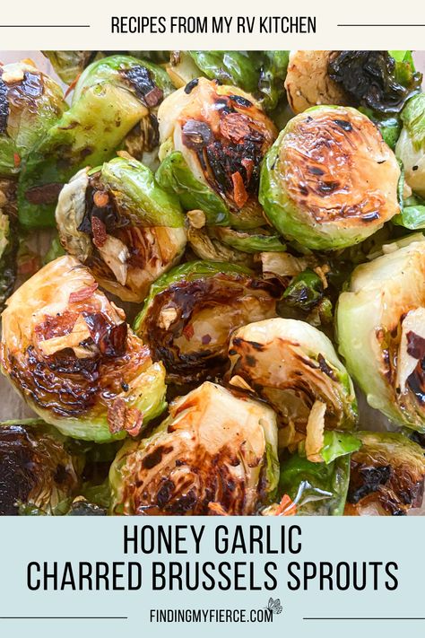 It's time to level up your Brussels sprouts game for the holidays with these Honey Garlic Charred Brussels sprouts! With the perfect mix of sweet, spicy and savory, these little charred balls of happiness will a hit! Crunchy Garlic, Plant Based Dinner, Rice Side Dishes, Vegetarian Side Dishes, Side Dishes Recipes, Sprout Recipes, Brussels Sprouts Recipe, Recipes Appetizers And Snacks, Roasted Brussel Sprouts