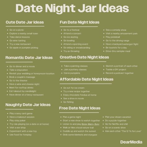 Looking for fresh date night inspiration? Look no further! Our date night jar is packed with 55 exciting ideas to ignite the spark in your relationship. From spontaneous picnics to DIY projects, there's something for every couple to enjoy. Let the adventure begin! #DateNightInspo #RelationshipGoals #DearMedia Date Night Sleepover Ideas, Gift Couple Ideas, Dates Jar Ideas, Couples Jar Ideas, Newlywed Date Night Ideas, Date Night Adventure Ideas, Nighttime Date Ideas, Couple Date Ideas Creative, Date Night Categories