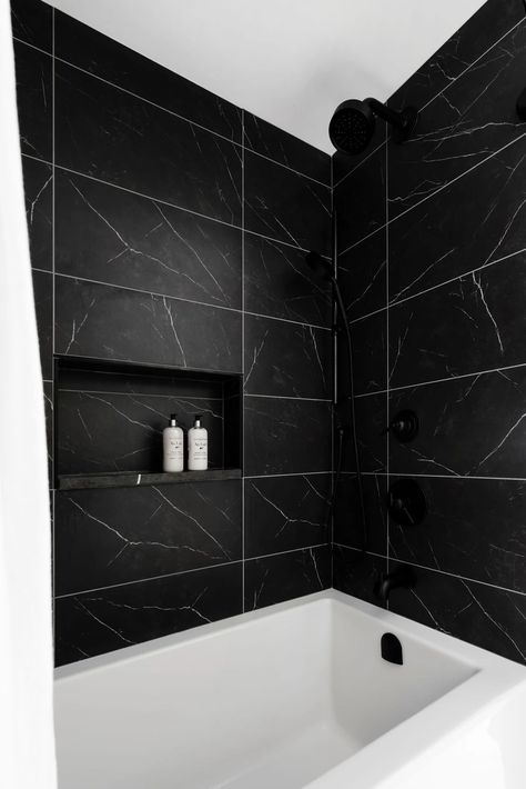 Dark Tile Tub Surround, Black Framed Windows, Shower Heads With Handheld, Modern Farmhouse Black, Black Shower Head, Black Tile Bathrooms, Framed Windows, Tile Tub Surround, Black Tub