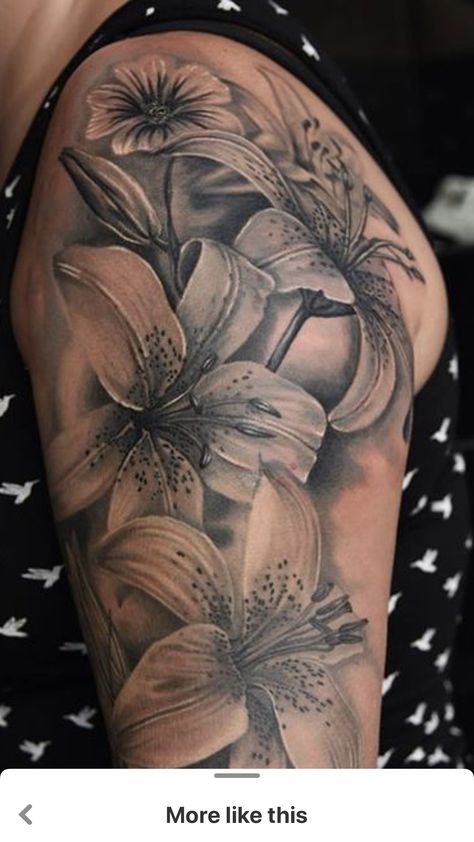 Lily Thigh Tattoo Women, Mens Lily Tattoo, Flower Sleeve Tattoo Filler, Lily Arm Tattoo Sleeve, Lily Half Sleeve Tattoo, Lilly Tattoo For Women Arm, Rose And Lilly Tattoos, Lily Tattoo Realism, Lily Sleeve Tattoos For Women