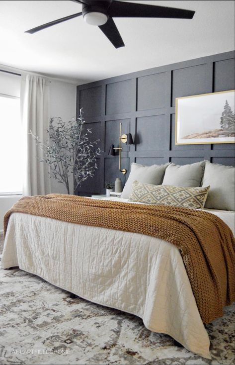 Moody Bedroom, Board And Batten Wall, Fall Bedroom, Accent Wall Bedroom, Bedroom Black, Bedroom Color Schemes, Board And Batten, Master Bedrooms Decor, Remodel Bedroom