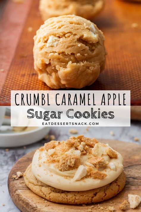 Caramel Apple Cookies are a Crumbl copycat recipe for a buttery apple cookie topped with caramel frosting and apple streusel. Apple Cookies With Frosting, Crumble Caramel Apple Cookie, Carmel Apple Crumbl Cookie, Carmel Apple Crumble Cookies, Crumble Cookie Copycat Recipe Apple Pie, Crumbl Monster Cookie, Crumbl Cookie Copycats, Crumbl Cookie Copycat Fall, Crumbl Apple Cookie