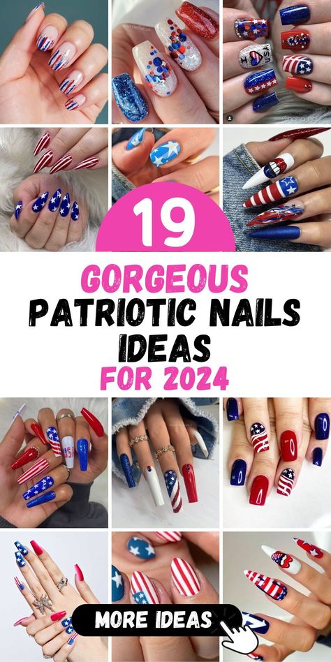 Elevate your patriotic spirit with our collection of 19 Patriotic Nails Ideas for 2024. Whether you're celebrating Independence Day or honoring Memorial Day, our nail designs are perfect for showing off your love for your country. From simple flag-inspired designs to intricate art, we have something for every patriotic occasion. Explore our collection now and get ready to dazzle with your patriotic nails! American Flag Nail Art, Veterans Day Nail Designs, Memorial Day Nail Art, Labor Day Nails Designs, American Nail Designs, Patriotic Nails Design Memorial Day, Memorial Day Nails Dip, Veterans Day Nails, Labor Day Nail Ideas