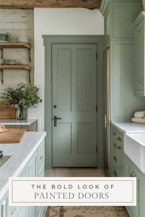 sage green painted door and cabinets Olive Green Door Interiors, White Walls Green Doors, Kitchen Door Paint Ideas, Painted Cabinets With Wood Doors, Wooden Door Paint Color, Grey Green Doors Interior, Olive Green Interior Doors, Sage Green Trim Interior, Sage Interior Doors