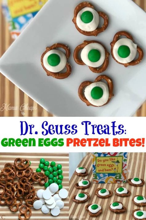 Green Eggs And Ham Treats, Dr Seuss Snacks For Kids, Dr Seuss Recipes, Dr Suess Snack Ideas, Dr Seuss Treats For School, Dr Seuss Snacks For School, Dr Suess Snacks, Pretzel Flowers, Dr Seuss Treats