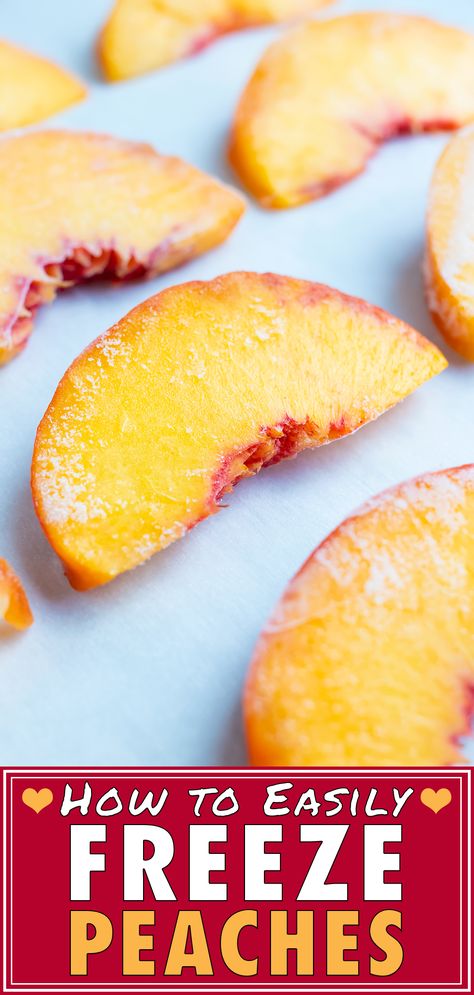 Learn How to Freeze Fresh Peaches with a few step-by-step instructions. Take your fresh summer peaches that have been easily peeled, cut into slices and covered in lemon juice. These frozen peaches can be stored for up to a year to be added to your favorite peach recipes all year long! #summer #frozenfruit #peaches #freeze #howto #cooking #fruit Freezer Peaches, Freezing Fresh Peaches, Peaches Canned, Freezing Produce, Freeze Fruit, Freezing Peaches, Peach Overnight Oats, Freezing Recipes, Freeze Food