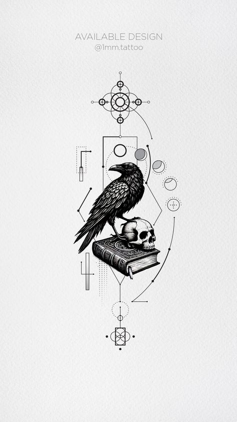 Fine line tattoo featuring a raven perched on a human skull, an open book, moon phases, and sacred geometry elements symbolizing wisdom, mortality, and cosmic balance. Raven Line Tattoo, Sacred Geometry Elements, Reflection Tattoo, Raven Perched, Cosmic Tattoo, Skull Moon, Line Tattoo, Human Skull, Fine Line Tattoos