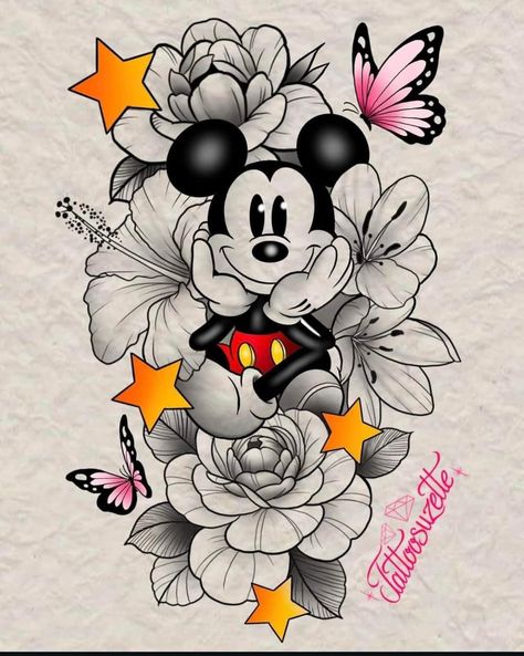 Mickey Mouse Sketch Tattoo, Floral Disney Tattoo, Disney Half Sleeve Tattoo, Tattoo Suzette, Disney Floral Tattoo, Mickey Mouse Tattoo Design, Mickey And Minnie Tattoo, Disney Tattoo Sleeves For Women, Mickey Mouse Tattoo Ideas