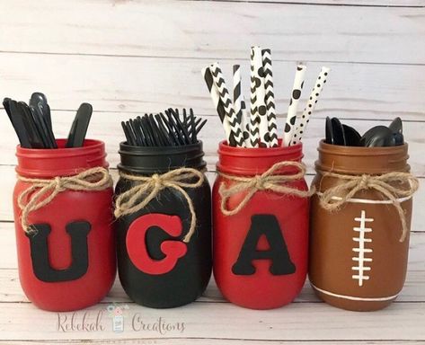 Georgia Bulldogs Party Ideas, Uga Graduation Party, Football Mason Jars, Uga Tailgate, Georgia Tailgate, Georgia Bulldogs Decor, Tailgate Decor, Uga Graduation, Georgia University