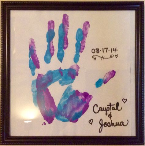 Handprints of love. Mine is the purple print, my boyfriends is in blue. Can you tell I am taller than him? :) #giantwoman Boyfriend Handprint Canvas, Handprint With Boyfriend, Cute Couple Hand Paintings, Couple Hand Print Painting Canvas, Friendship Handprint Art, Canvas Hand Print Ideas Couples, Couples Hand Print Painting, Handprint Couple Painting, Couples Hand Painting Ideas