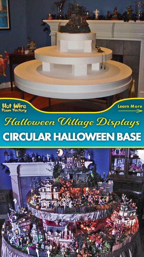 a custom multi level display base for a halloween village made out of foam and cut into a circle Lemax Spooky Town Display, Spookytown Display, Lemax Halloween Village, Lemax Halloween, Degree Display, Department 56 Halloween, Halloween Village Display, Foam Factory, At At Walker