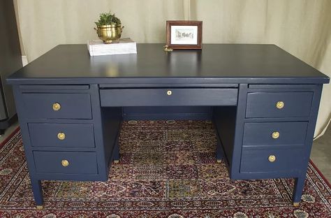 Desk Makeover in Navy Blue | Hometalk Navy Blue Desk, Blue Office Desk, Farmhouse Shelves Diy, Refinished Desk, Basement Office, Virginia Vacation, Farmhouse Desk, Blue Desk, Blue Office