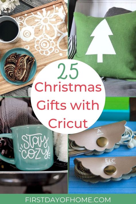 If you’re looking for thoughtful holiday gift ideas that you can make yourself, I'm sharing 25 Christmas gift ideas with Cricut. From glass etched projects, to gift baskets, there are ideas for just about everyone on your list. #firstdayofhome #christmasgiftswithcricut #cricutmade Custom Gifts For Christmas, Christmas Crafts With The Cricut, Cricuit Ideas For Christmas Gifts, Christmas Gift Ideas Using Cricut, Diy Christmas Gift Cricut, Cricut Vinyl Christmas Gifts, Cricut Gift Ideas For Family, Cricket Christmas Gift Ideas, Cricut Projects For Coworkers