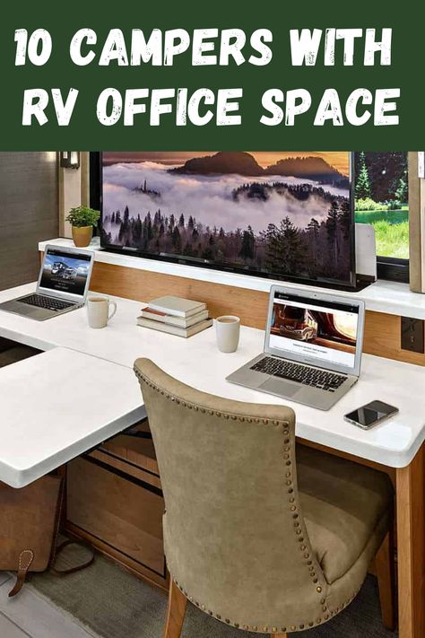 RV office area Office Trailer Remodel, Rv With Office Space, Toy Hauler Office Conversion, Camper Office Ideas, Rv Workspace, Rv Office Space Ideas, Rv Office Space, Rv Desk Ideas, Rv Table Ideas